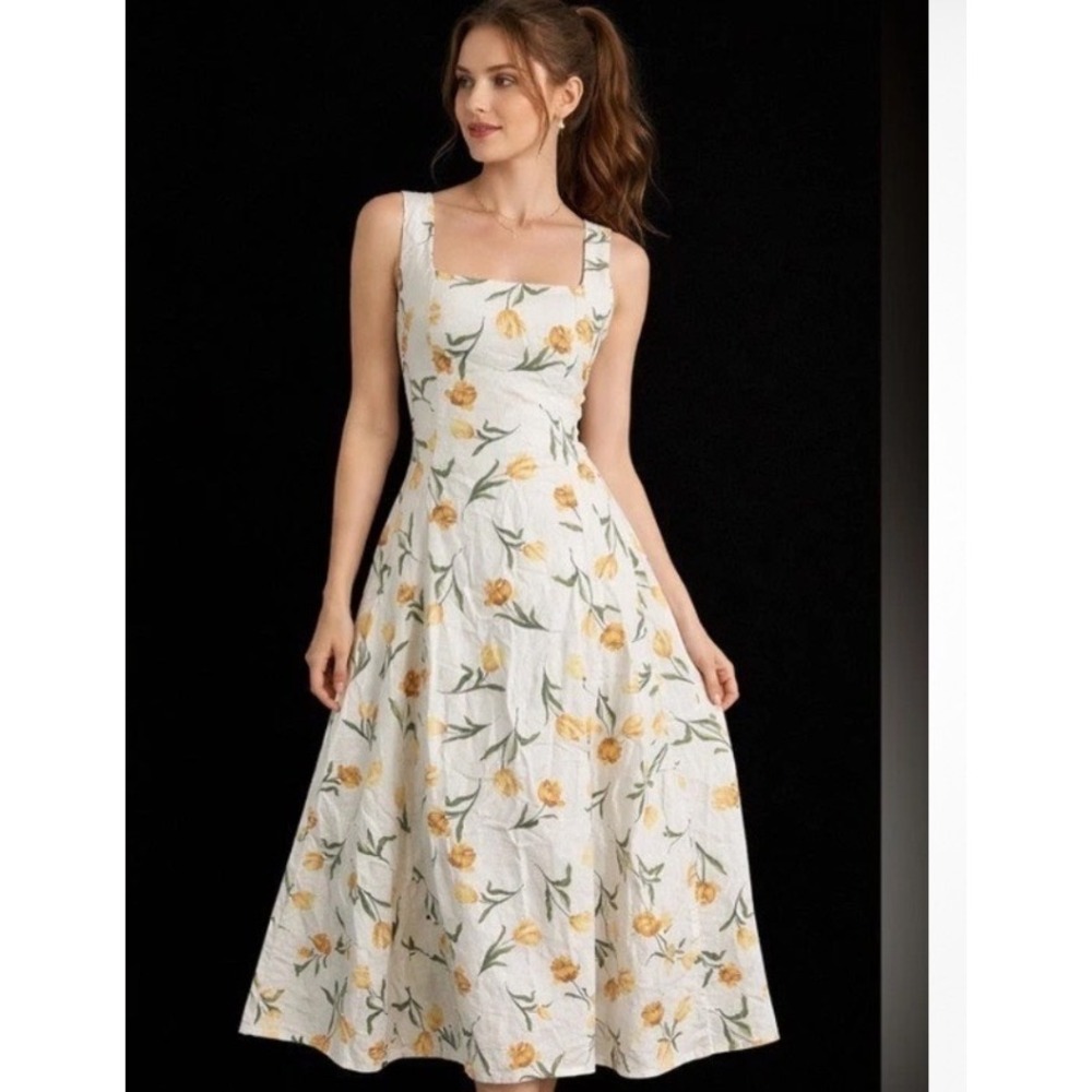 Joie Yellow Tulip Floral Square Neck Smocked Midi Dress White Linen Blend Sz 4